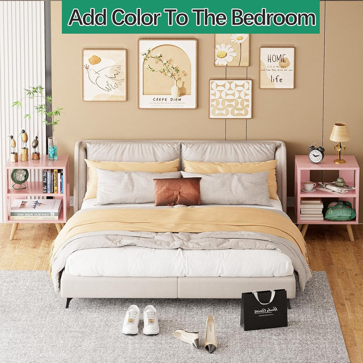 Night Stand, Pink Kids Nightstand, Modern End Table with Open Storage, 2-Tier Nursery Bedside Table for Small Space, Living Room, Bedroom