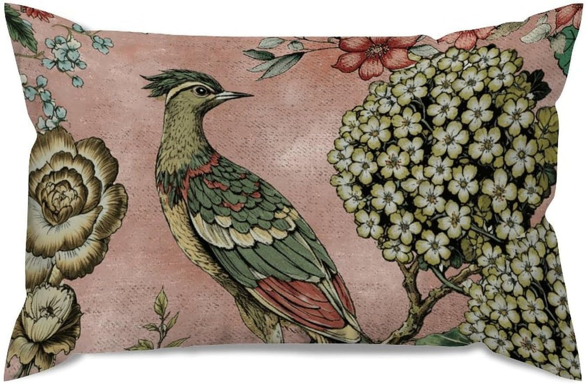 Chinoiserie Cushion Cover Pink Blush Chinoiserie Bird Throw Lumbar Pillow Cover Hydrangea Camellia and Peacock Pillow Cases Farmhouse Decor for Living Room Bedroom 12x20in White Flax