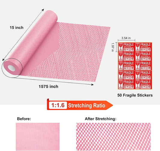 Honeycomb Packing Paper, Pink 15" x 1575'' Packing Paper, Wrapping Paper for Moving Shipping Packaging, Recyclable Moving Supplies With Fragile Sticker Labels and Twine (pink,15" x 1575'')