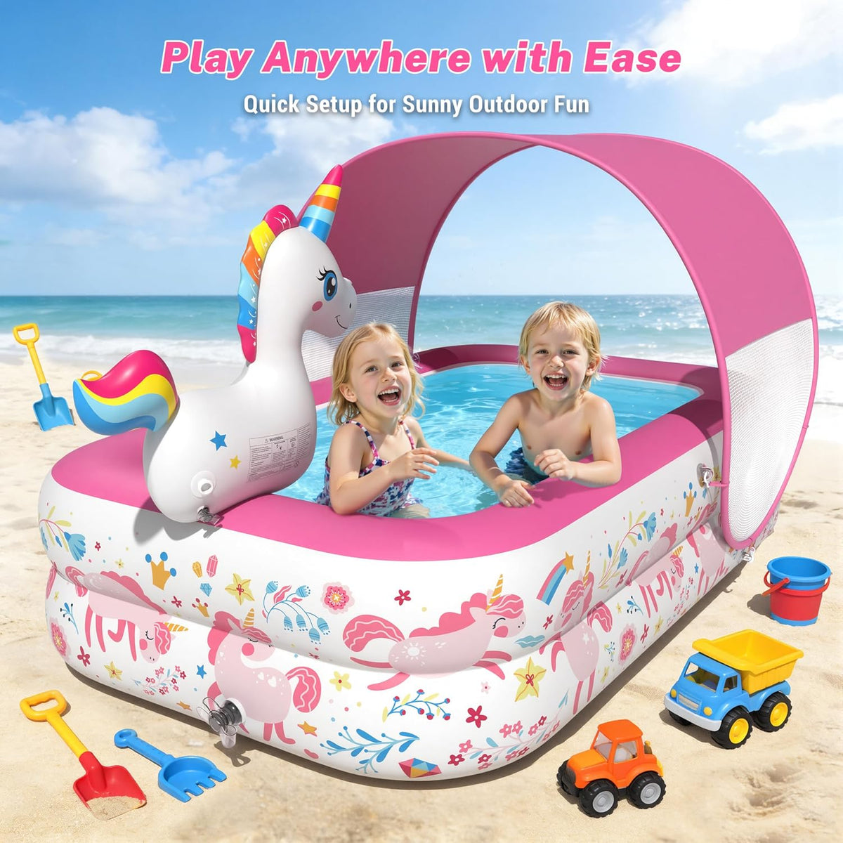Unicorn Kiddie Pool with Canopy and Sprinkler, Inflatable Baby Pool with Soft Cushioned Floor, Portable Toddler Pool Ball Pit for Backyard, Outdoor/Indoor Play Toys Girls Birthday Gift(Pink)