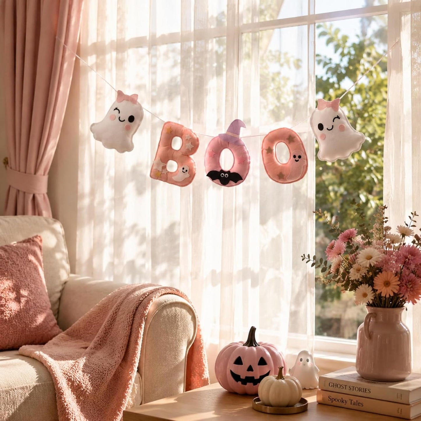 6.5ft Felt Halloween Garland for Mantle Pink Halloween Boo Banner