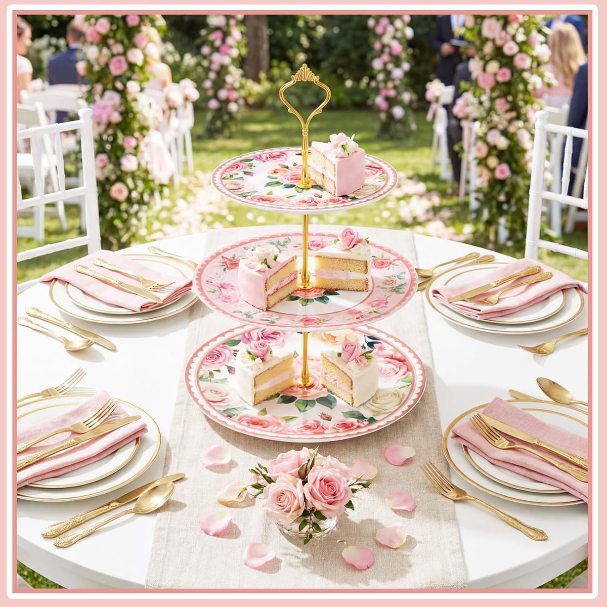 Pink Floral Party 3 Tier Dessert Stand 10", 9" and 7" Ceramic Serving Tray Dessert Cupcake Display Holder Tower for Wedding Baby Bridal Shower Tea Party Decoration