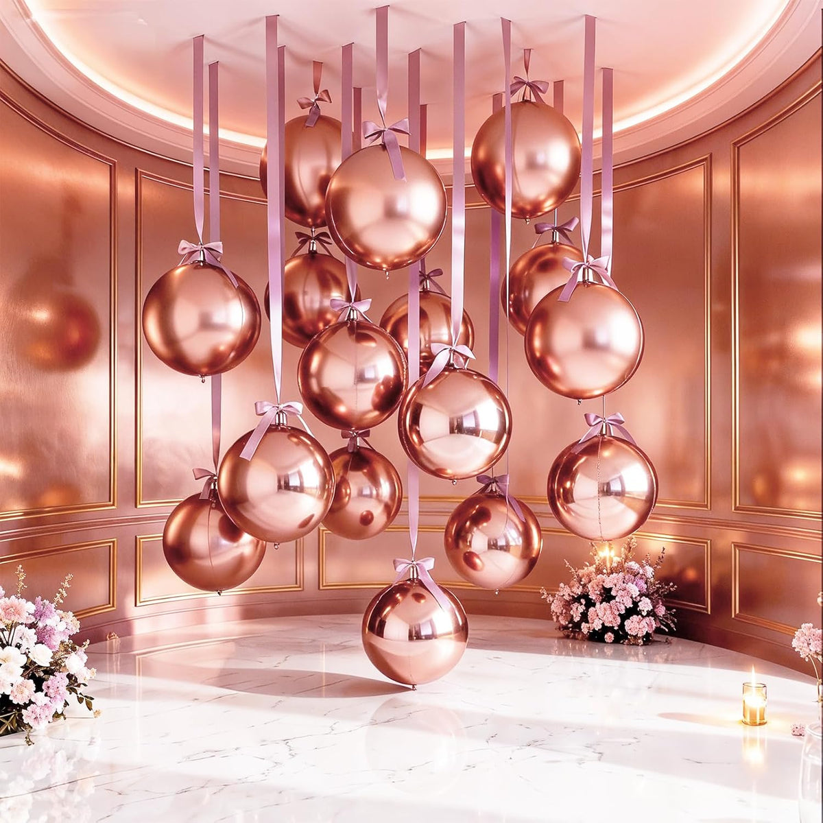 14 Pcs Rose Gold Round Foil Balloons 22/15/10 4D Ball Balloons Rose Metallic Balloon Ornament Mylar Balloon Chrome for Women Birthday Graduation Wedding Anniversary New Year Disco Party Decor