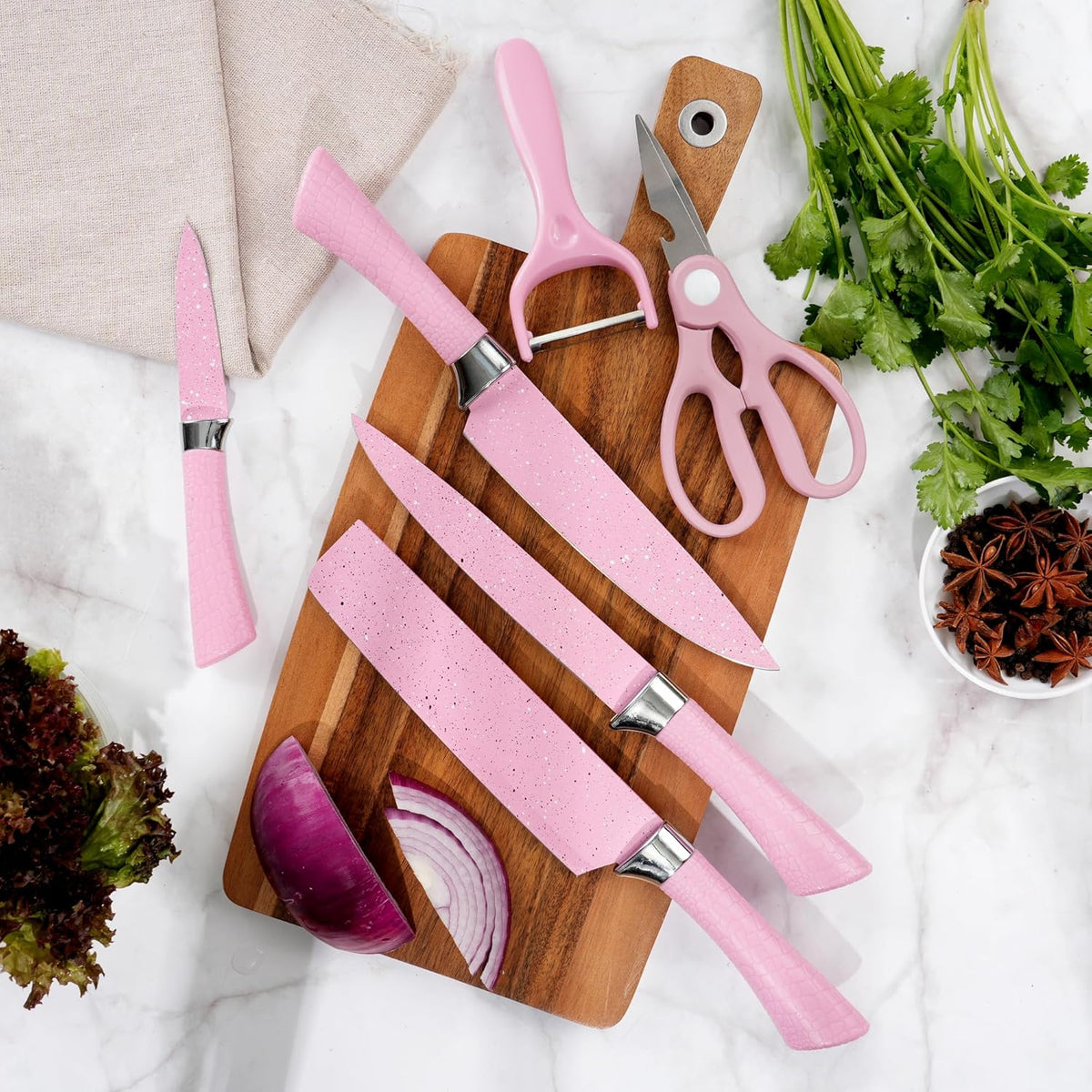 Kitchen Knife Set with Peeler and Scissors, 6 PCS Rustproof Sharp Chef Knives Set with Food Grade Non-Stick Coated Stainless Steel Blades, Cute Pink Knife Set for Home Restaurant Camping BBQ