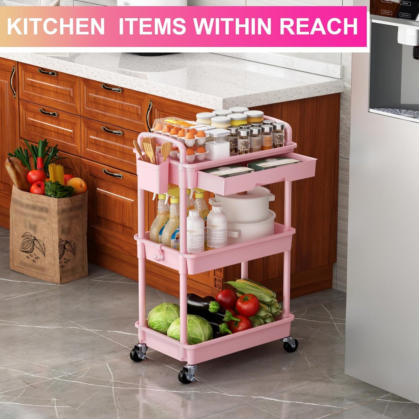 3 Tier Rolling Utility Cart Organizer with Removable Drawer, Stable and Sturdy Pink Rolling Storage Carts with 2 Lockable Wheels for Bathroom, Kitchen, Snack, Craft, Makeup, Baby Essentials
