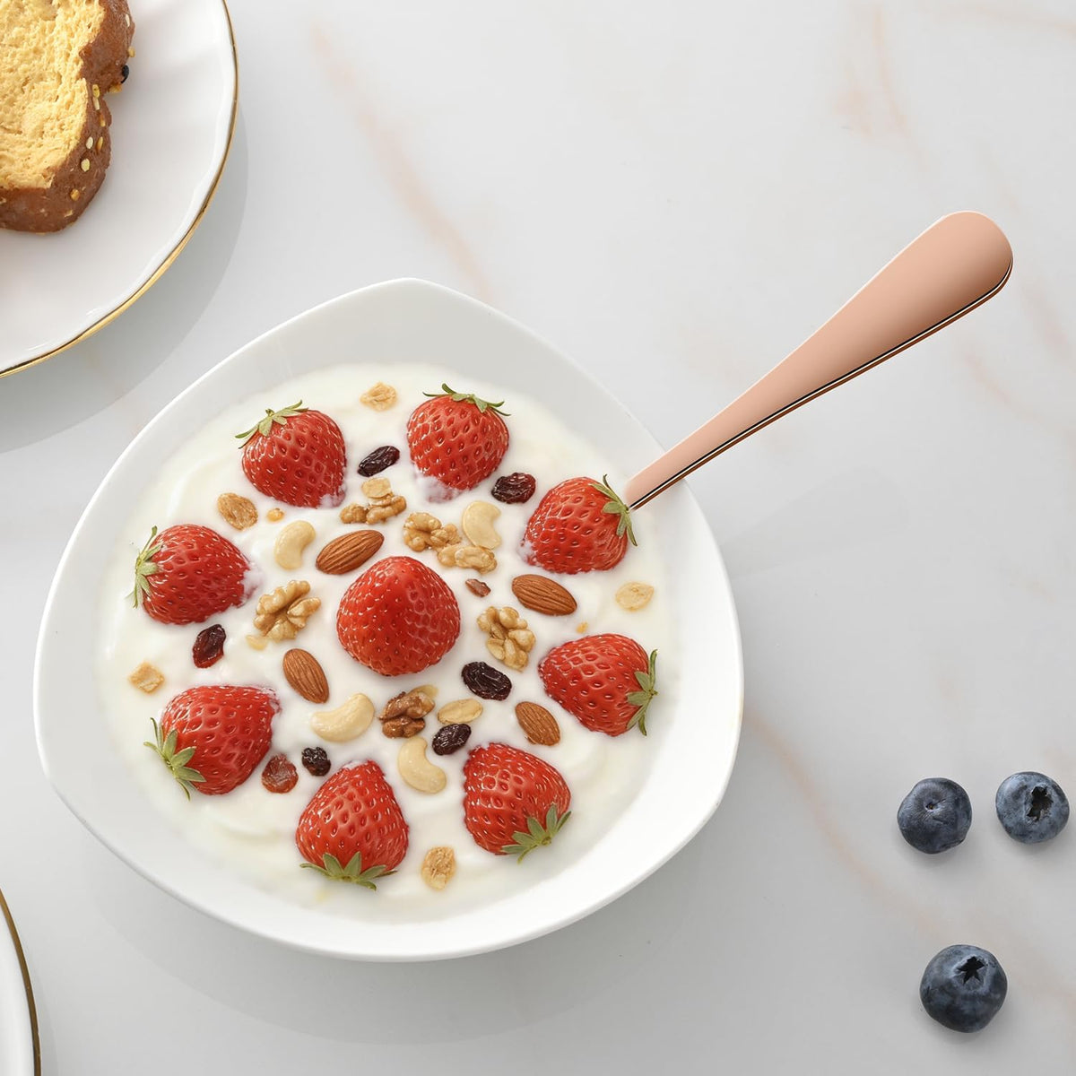 Rose Gold Soup Spoons Set of 8, 7.4 Inch Stainless Steel Round Spoon For Kitchen, Mirror Polished Copper Metal Spoons for Dessert & Bouillon