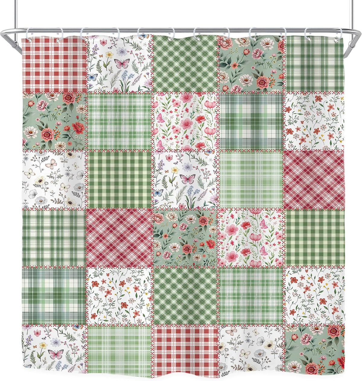 Long Cute Plaid Floral Shower Curtain for Bathroom Decor 72Wx78H Green Boho Flower Pink Retro Patchwork Wildflowers Checkered Art Printed Fabric Polyester Waterproof 12 Pack Plastic Hooks