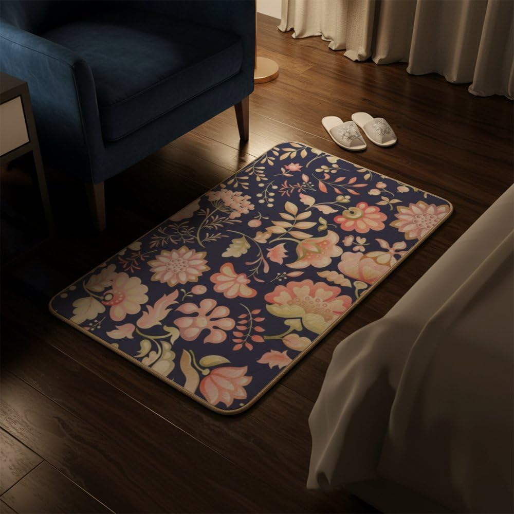 Flannel Quick Dry Bath Mat 24× 35 Inch, Pink Floral No Slip Bathroom Rug Plush Water Absorbing Bathroom Decorations Kitchen Rugs Anti Fatigue Anti Fatigue Mats for Kitchen Floor Carpet