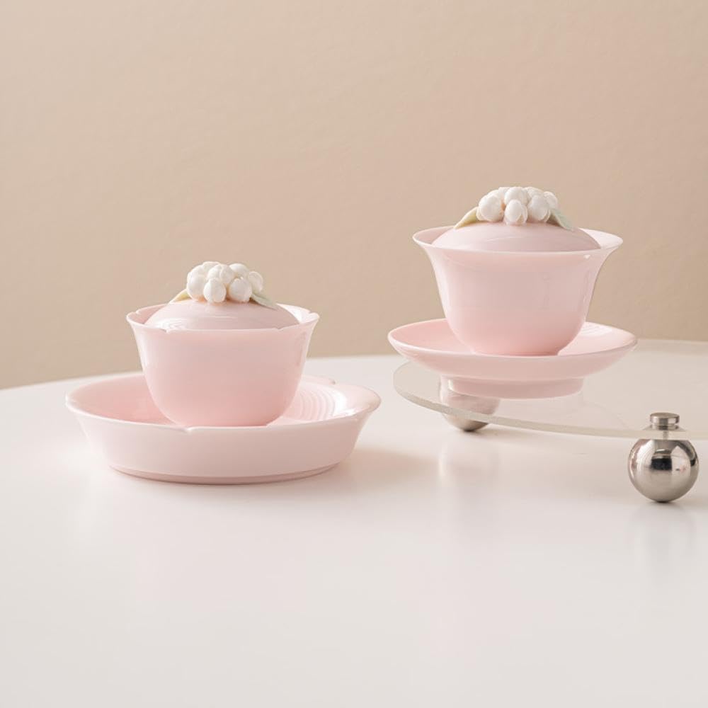 Pink Porcelain Gaiwan with Tray, White Floral Ceramic Sancai Teacup