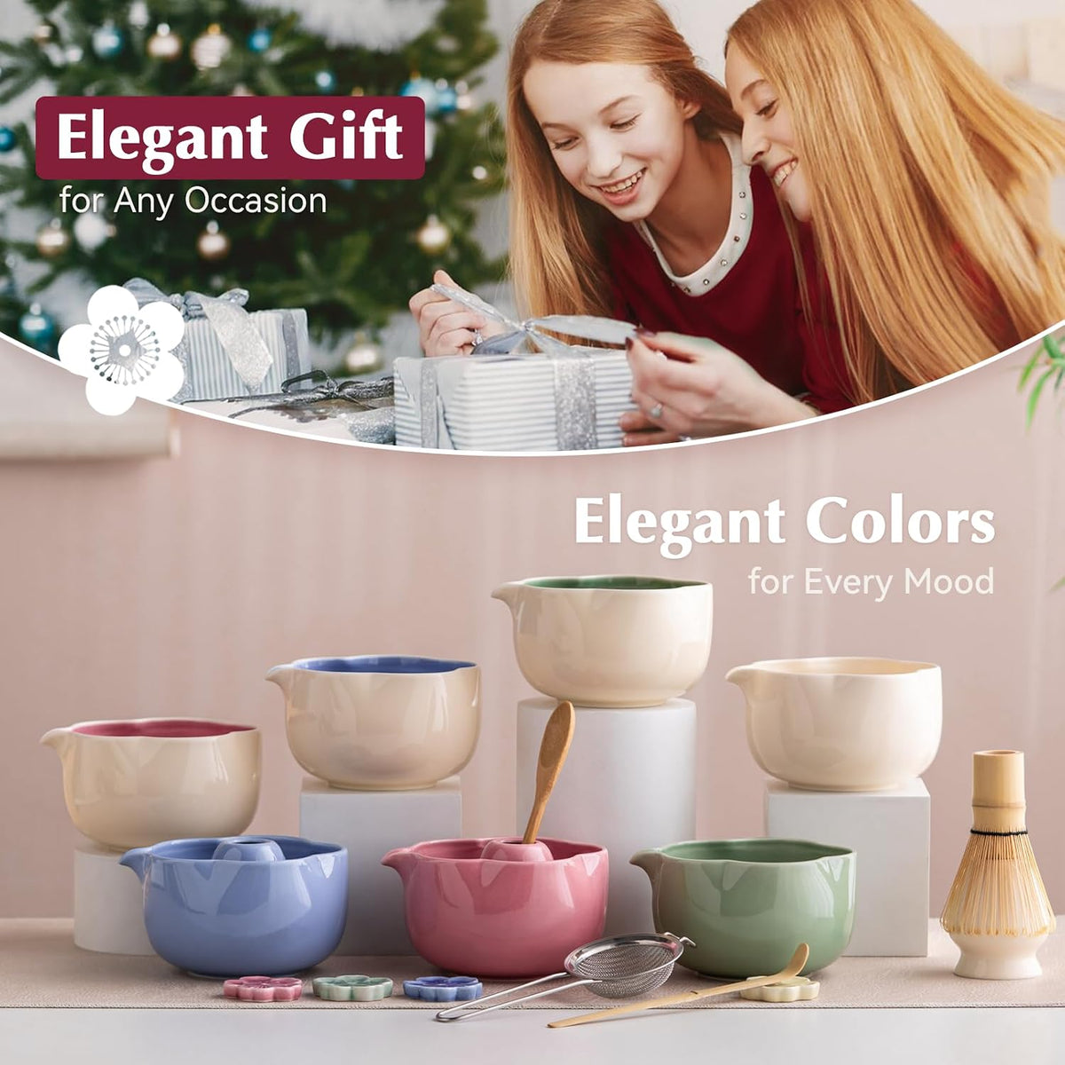 Matcha Set, 8Pcs Floral Ceramic Matcha Kit with Matcha Whisk