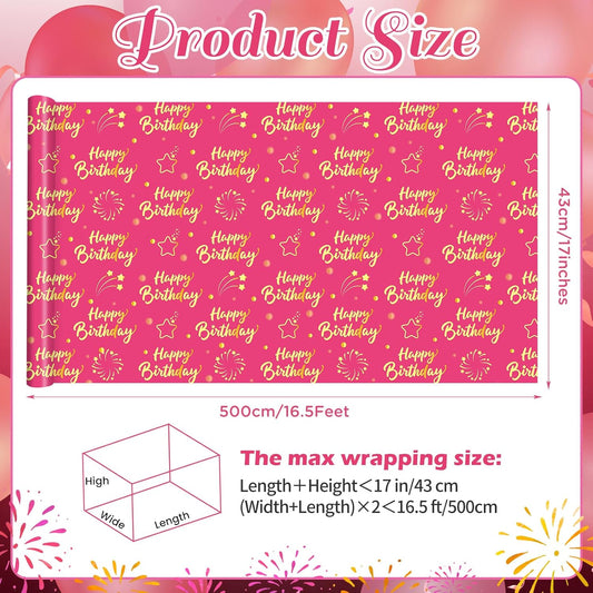 Hot Pink Gold Birthday Wrapping Paper Roll for Girls Women, Pink and Gold Gift Wrap Paper, Gold Star and Dot Design Gift Packing Paper Art Paper for Birthday Party, 17Inch x 16.5Feet