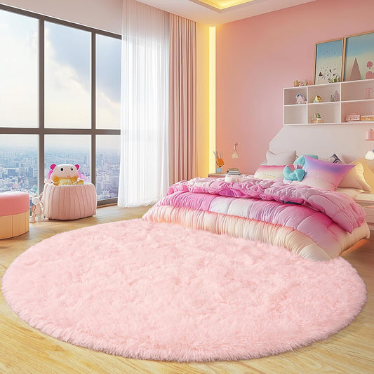 Round Fluffy Rugs 5Ft for Girls Bedroom, Pink Shag Circle Kids Rug Non-Slip for Bedside Dorm Nursery Playroom, Soft Cute Area Rugs for Living Room Decor