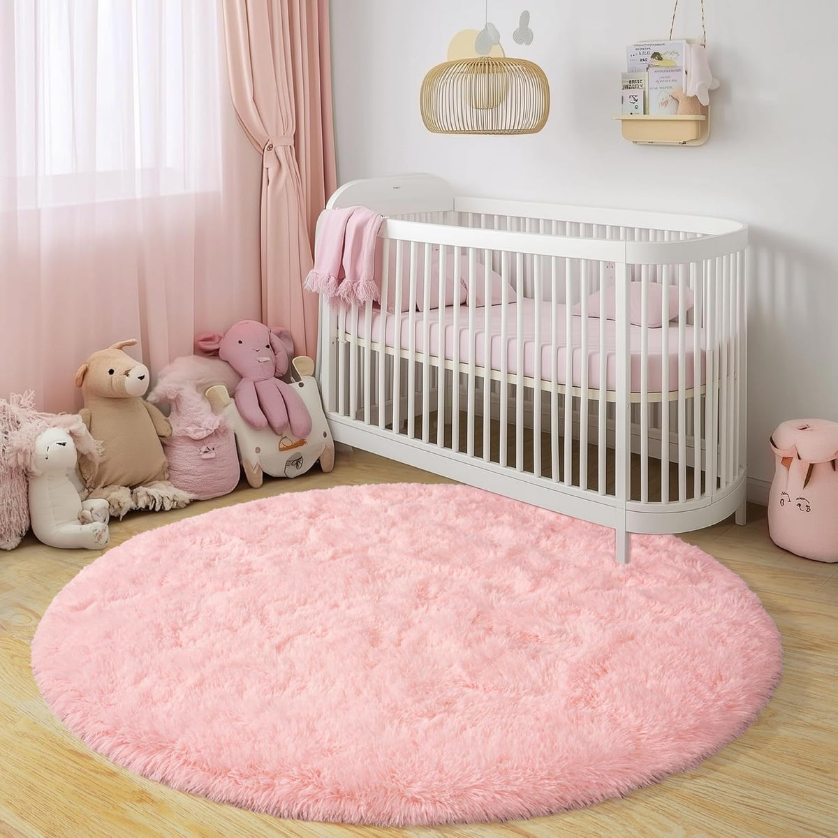 Round Fluffy Rugs 5Ft for Girls Bedroom, Pink Shag Circle Kids Rug Non-Slip for Bedside Dorm Nursery Playroom, Soft Cute Area Rugs for Living Room Decor