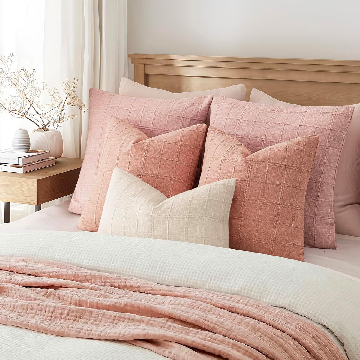 Set of 1 Decorative Linen Check Throw Pillow Cover Neutral Farmhouse Lumbar Cushion Cover Modern Boho Accent Home Decor for Sofa Chair Couch Bedroom Living Room,12×20 Inch,Coral Pink