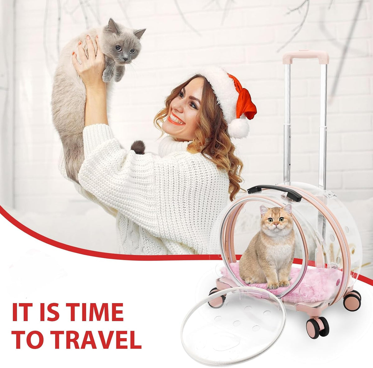 Transparent & Fully Breathable Hard cat Carrier with Rolling Wheels