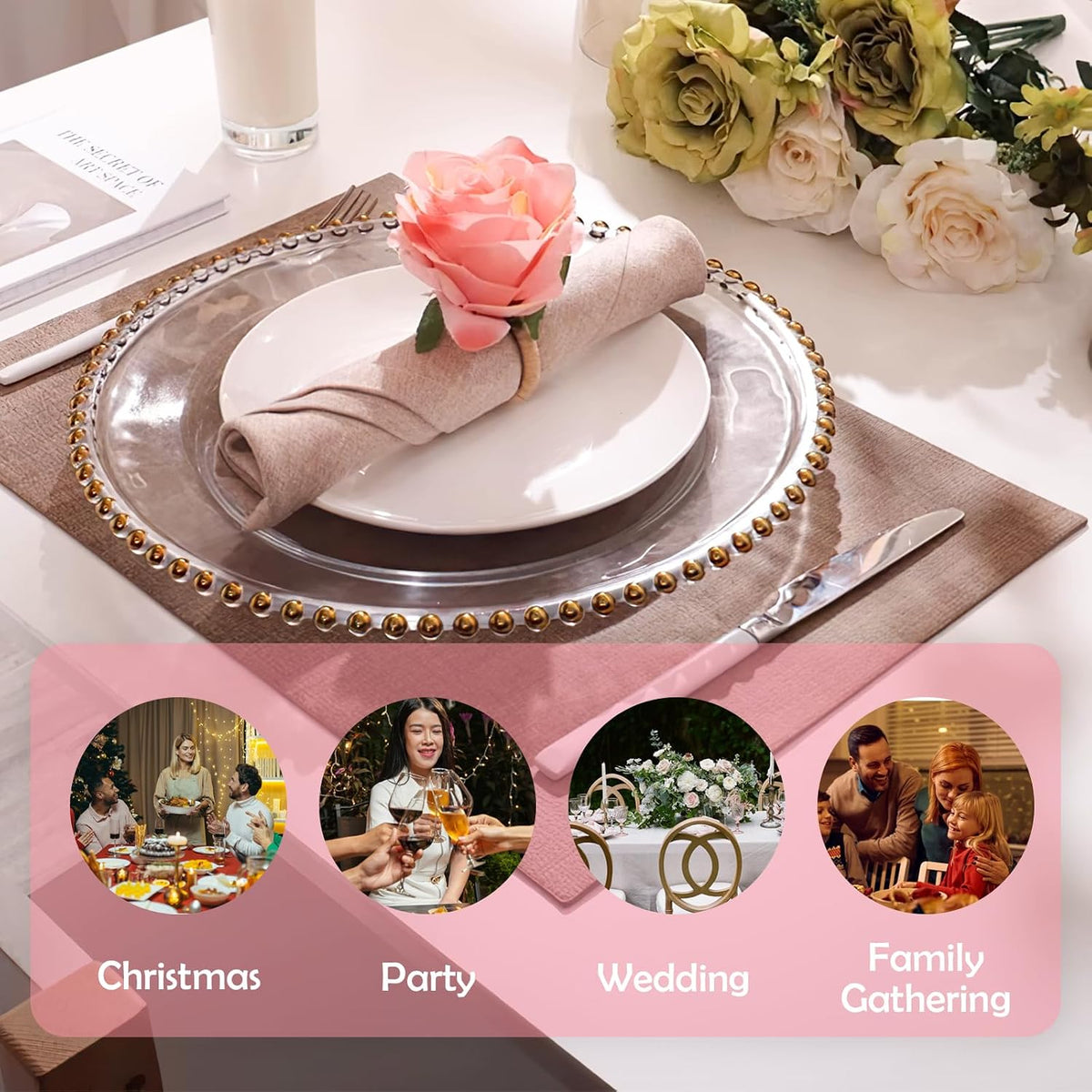4-Pack White Rose Flower Napkin Rings – Elegant Handcrafted Floral Napkin Holders, Table Décor for Weddings, Christmas, Birthday Parties, and Banquets (Pink, Small)