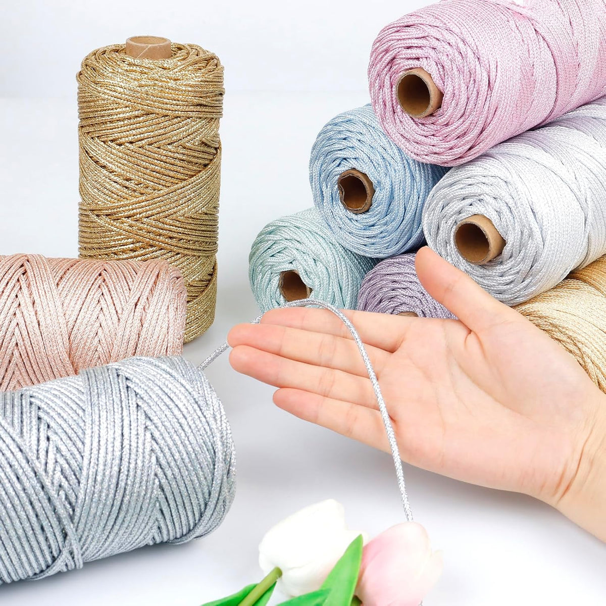 Sparkle Yarn for Crocheting, 3mm x 109 Yards Metallic Sparkly Yarn for Crafts, Polyester Rope 2mm Braided Macrame Cord for Crochet Bags, Dolls, Blankets, DIY Decor (Pink Silver)
