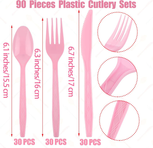 90 Pieces Pink Plastic Cutlery Set