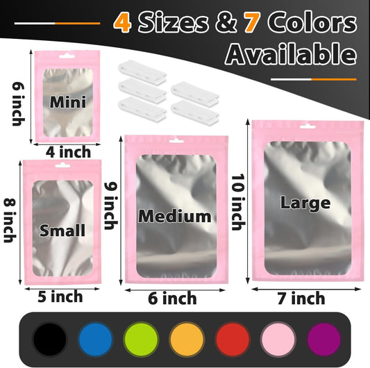 200 PCS-5x8 Reclosable Mylar Bags Pink for Food Storage, Resealable Mylar Bag with Clear Window for Small Businesses, Smell Proof Aluminum Foil Resealable Edible Packaging Bag for Candies