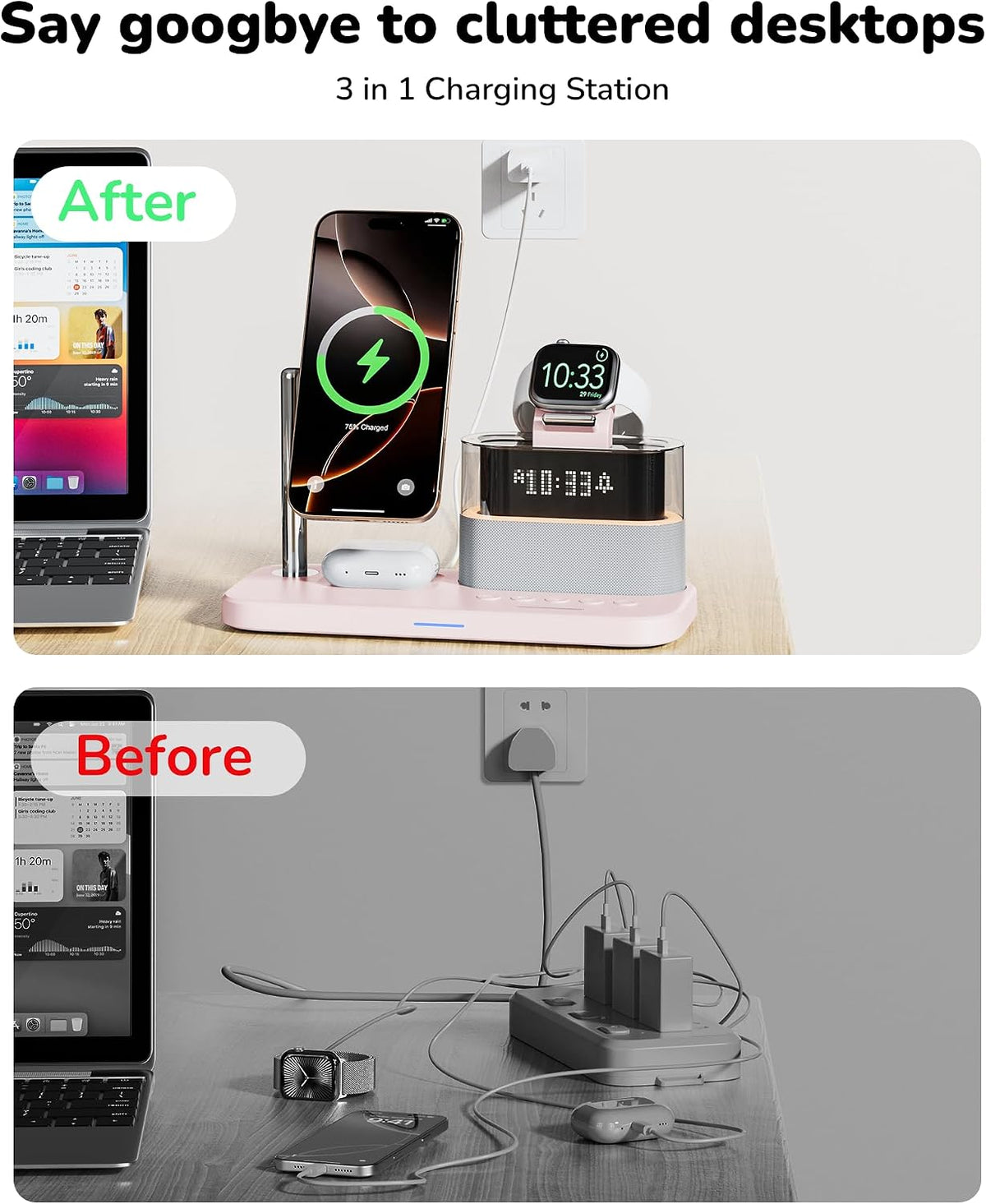 5 in 1 Wireless Charging Station with Alarm Clock Night Light for Apple