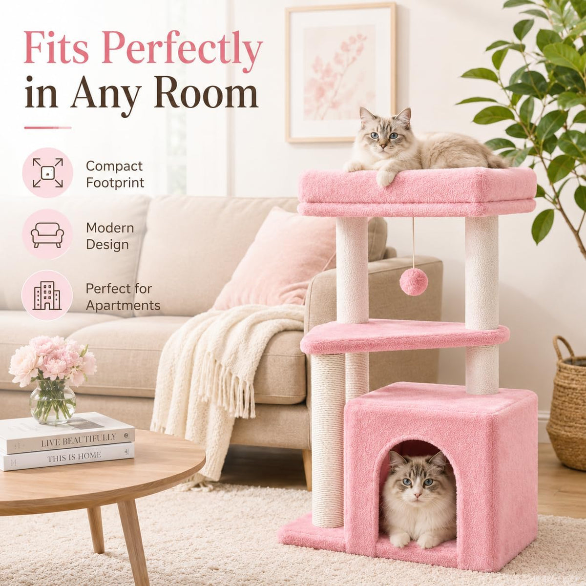 Small Cat Tree Tower for Indoor Cats, 33 Inches Multi-Level Cat Condo with Scratching Posts, Large Perch, Hanging Toy for Large Adult Cats, Pink