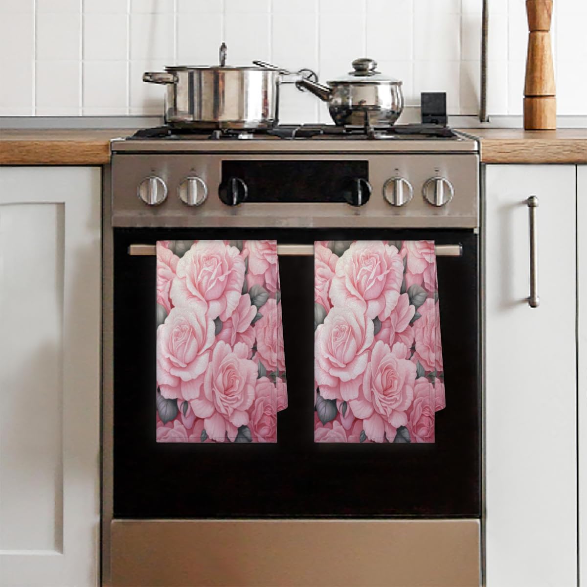 KOBLEN Pastel Pink Rosebed Kitchen Towels 28.3x17.7 Inch, Set of 4 Quick Dry Polyester Dish Towels, Super Absorbent Reusable Towel for Drying, Cleaning, Cooking, Baking