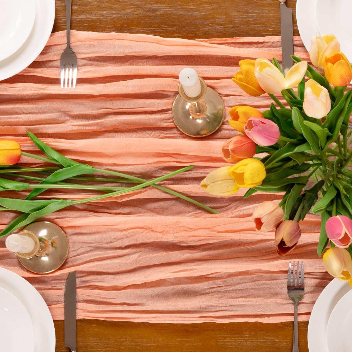 Peach Cheesecloth Table Runner Boho Wrinkled Gauze Table Runners
