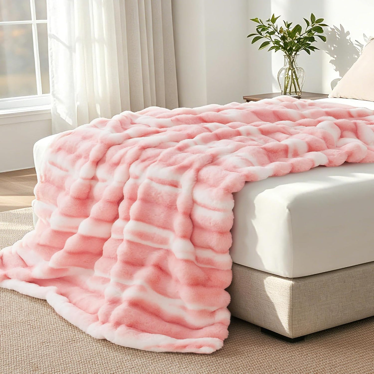 Faux Rabbit Fur Throw Blanket, Plush Fuzzy Blanket, 50" × 60", Pink