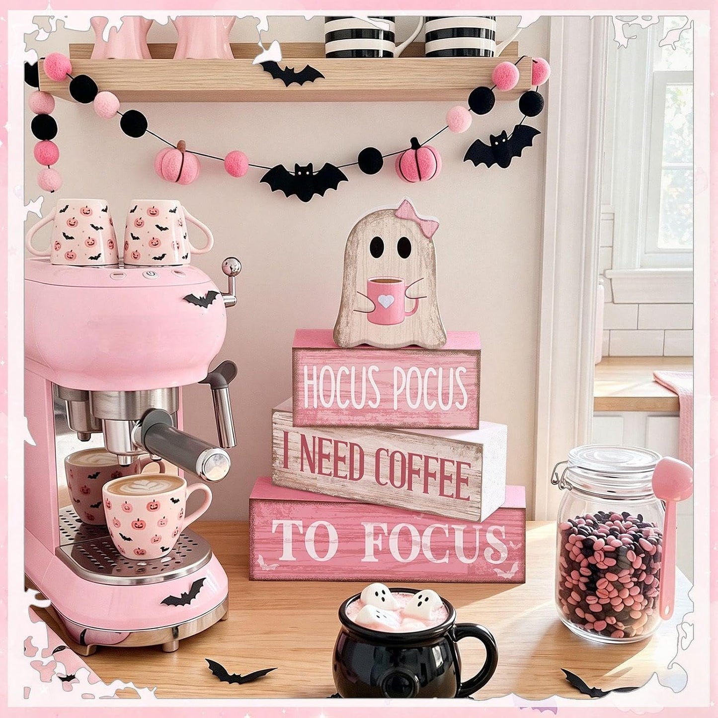 4 Pcs Pink Halloween Table Decor Ghost Wooden Stacked Block Decor