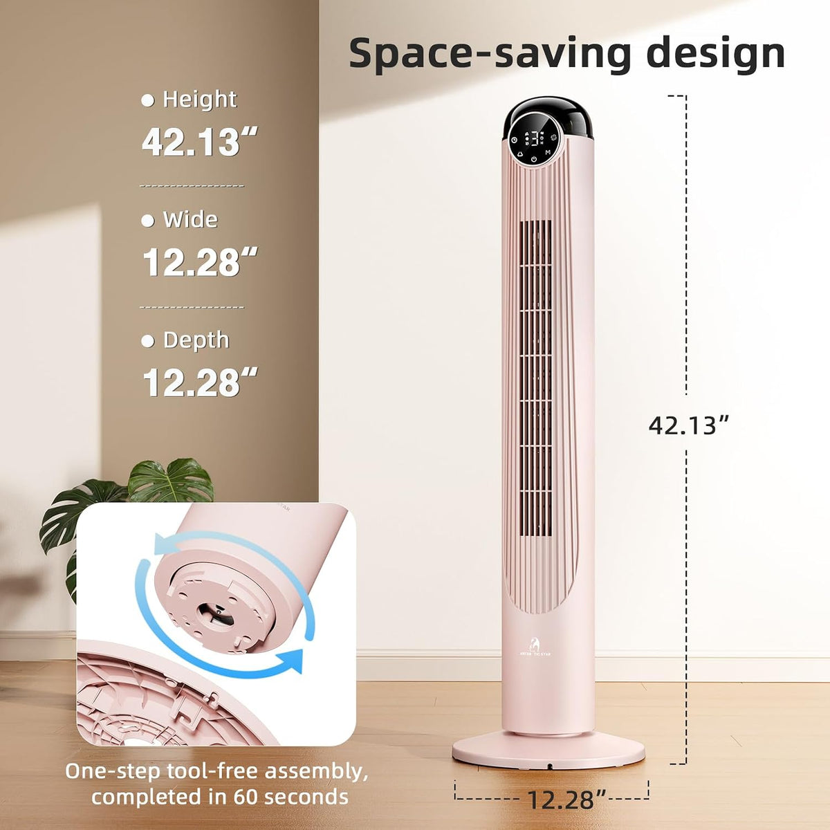 T42 Tower Fan, 42 Inch DC Brushless Motor Bladeless Oscillating Fan with Remote, 6 Speeds & 4 Modes,LED Display, 9H Timer, Quiet Floor Standing Fan for Bedroom Living Room Office, Pink