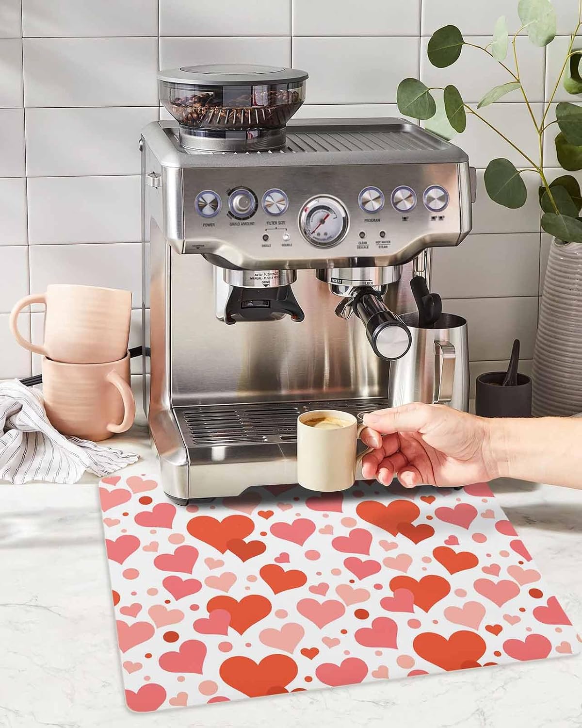 Coffee Mat for Counter, Valentine's Day Red Pink Love Heart Absorbent Hide Stain Coffee Bar Mat, Non-slip Coffee Bar Accessories Kitchen Drying Mat Fit Under Coffee Maker Espresso Machine