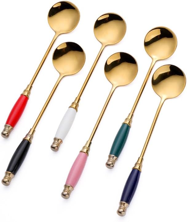 Flatware Silverware Set, 1/4/6/8/10/12 Pieces Ceramic Handle 304 Stainless Steel Spoon Cake Dessert Spoon Retro Coffee Spoon, Tableware Cutlery Set(Pink,4Pcs)