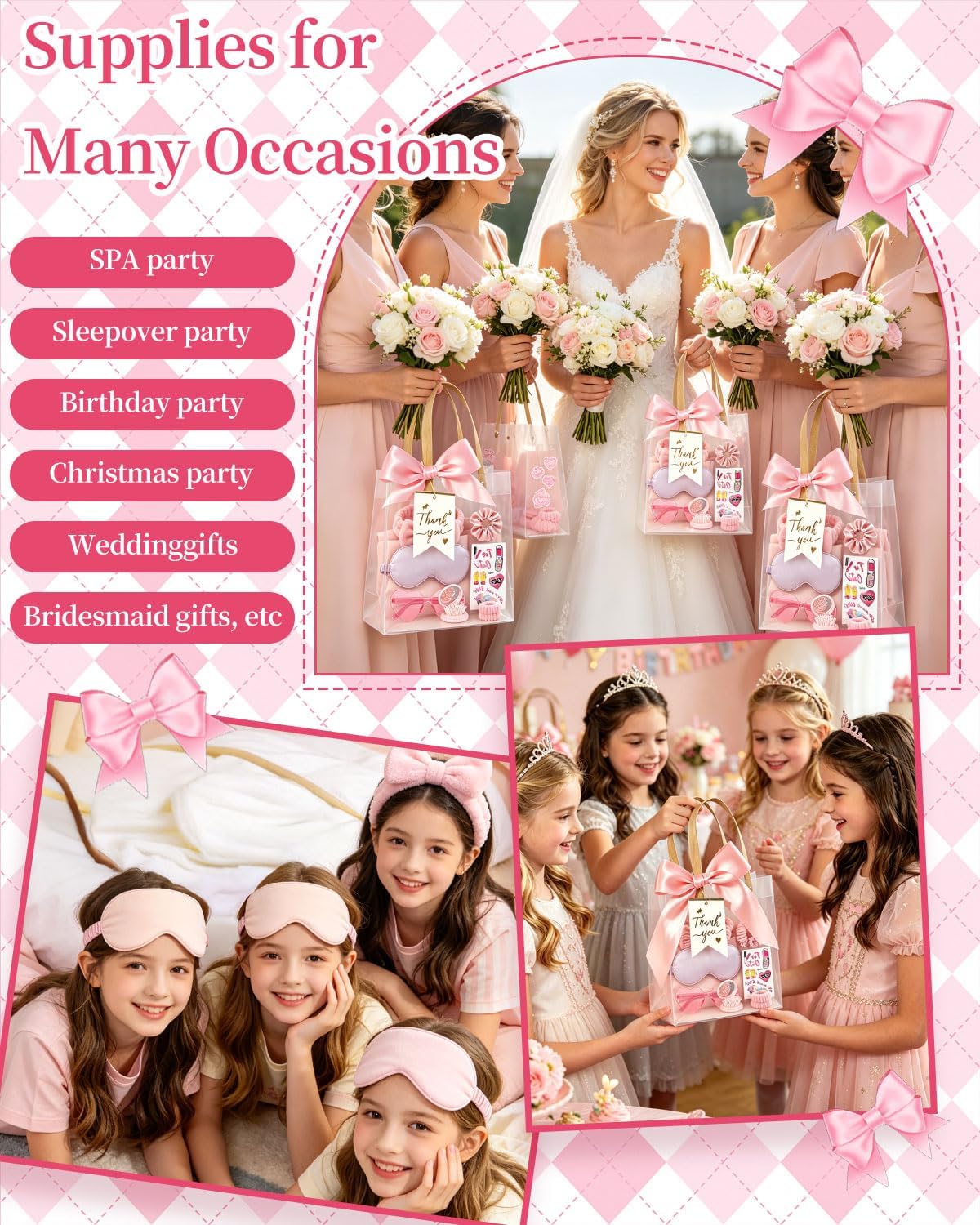 66Pcs Sleepover Party Supplies for Girls, Women Spa Party Supplies Bulk Include Headbands, Sleep Eye Mask, Mirror Hair Comb Gift Bags for Spa Sleepover Birthday Wedding Birthday Party (Pink)