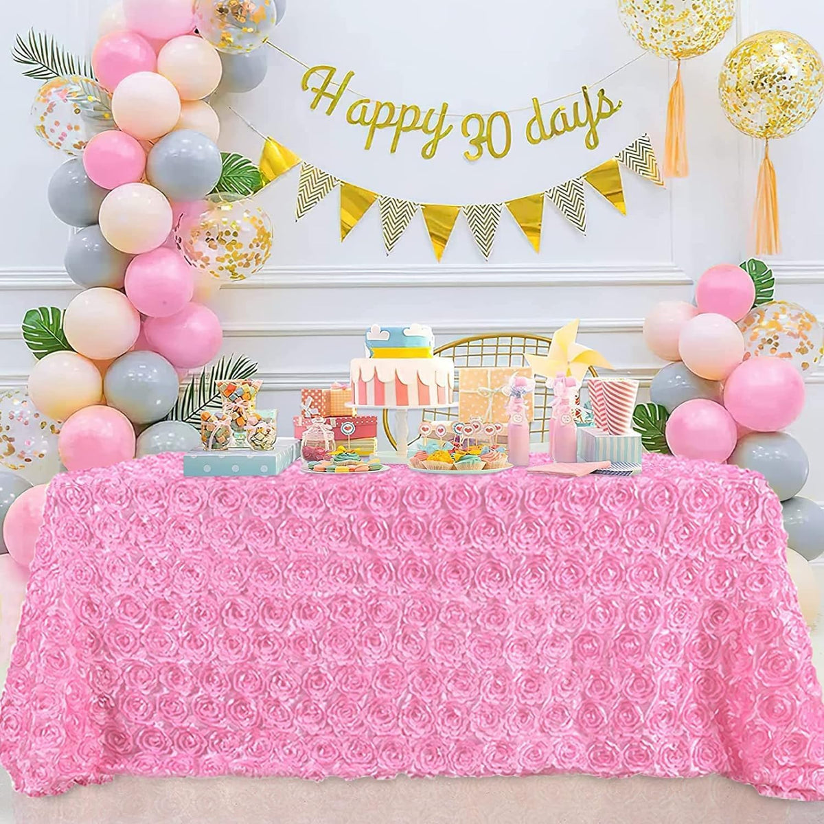 Pink Rosette Tablecloth 60 x102 Inch Floral Wedding Table Overlay