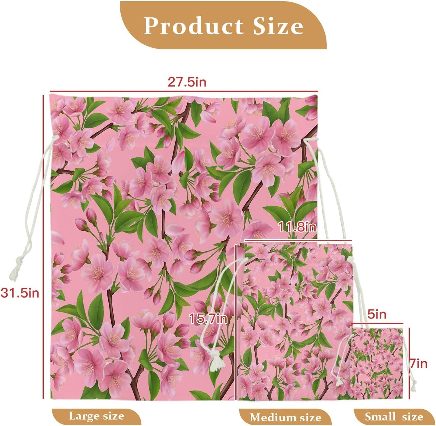 Victoroes Spring Peaches Drawstring Gift Bags 2 Pcs 11.8" x 15.7" Medium Peaches Flowers Pink Gift Bag Reusable Fabric Wrap Bags for Wedding Party Birthday Holiday