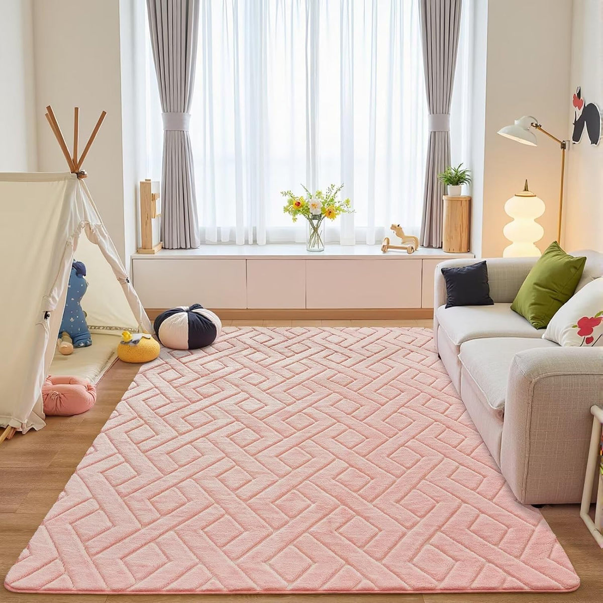 Pink Fluffy Area Rug for Girls Bedroom, 3x5 Geometric Shag Rugs