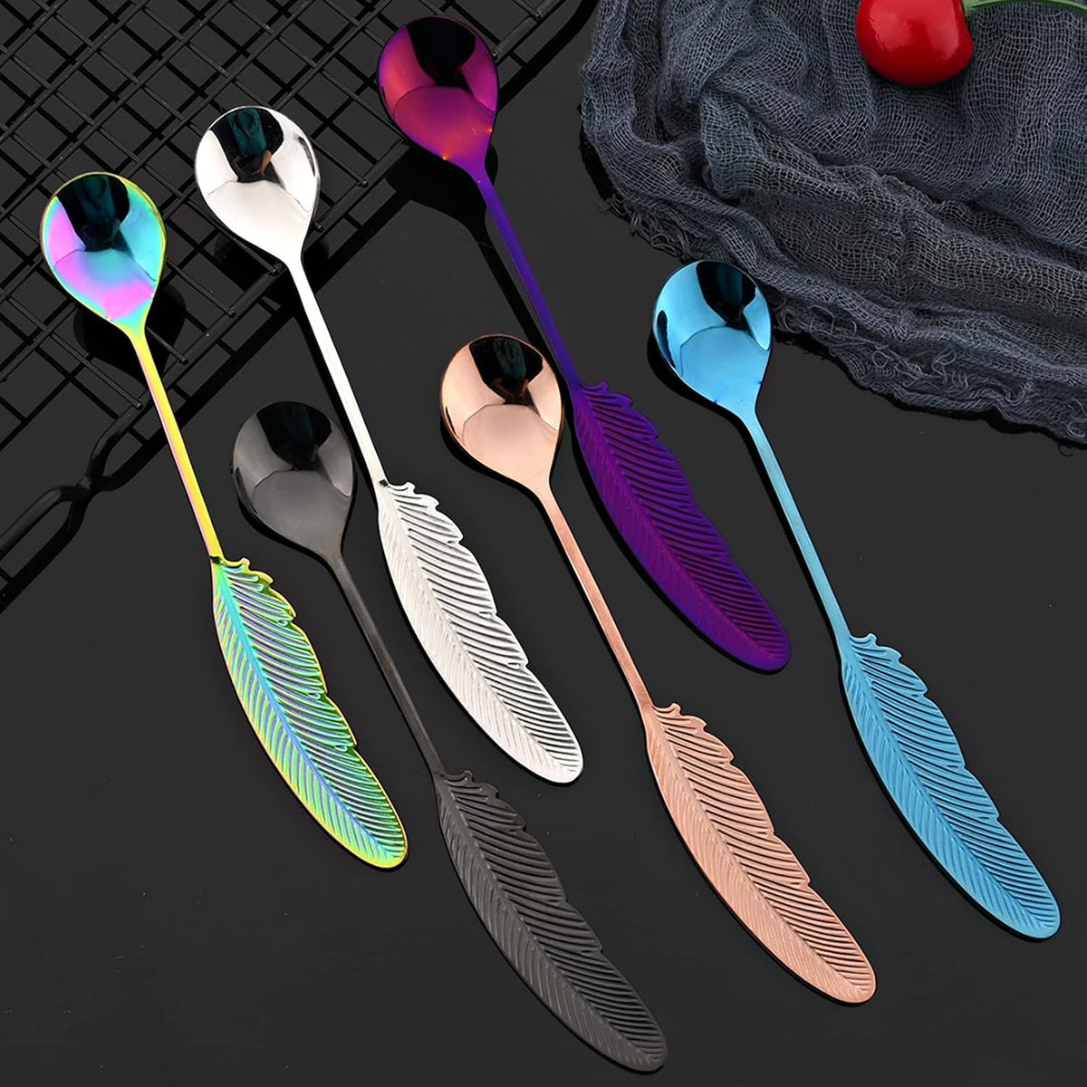 8Pieces 304 Stainless Steel Copper Feather Coffee Spoon 4 and Appetizer Fork 4 Tableware Mini Dessert Utensils Set Creative Spoons and Forks for Stirring, Fruit, Cake, Coffee, Tea-Rose Gold
