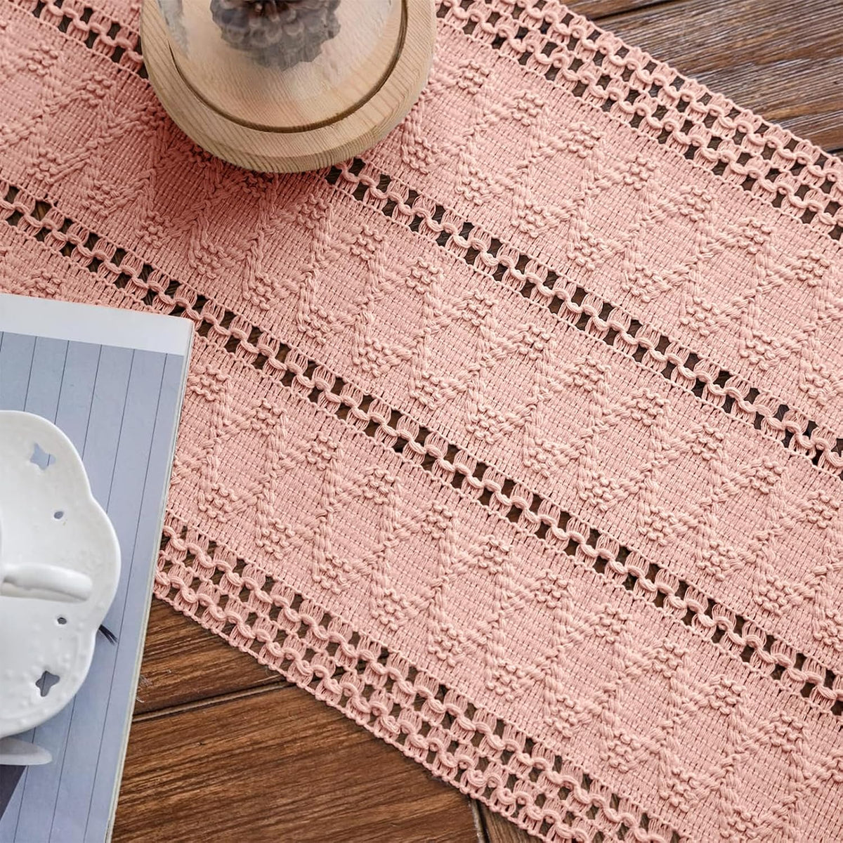 Macrame Table Runner Pure Pink Boho Table Runners with Tassels 12x71in