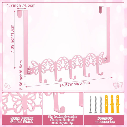 Pink Butterfly Over The Door Hooks Wall Mount Towel Hanger Cute Door Holder Rack with 5 Hooks Hanging Towel, Coat Keys, Bags, Hats, Clothes for Bedroom Bathroom Kitchen Dorm Room Organizer