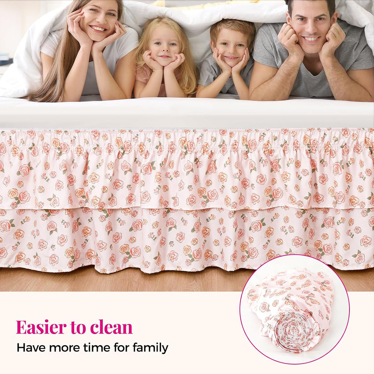 RIMELA Ruffle Bed Skirt Pink Rose Floral Queen 15 Inch Drop, Elastic Wrap Around Bed Skirting Queen Size, Easy to Install Dust Ruffle, Machine Washable Soft Fabric, Multi Ruffle Bedskirt