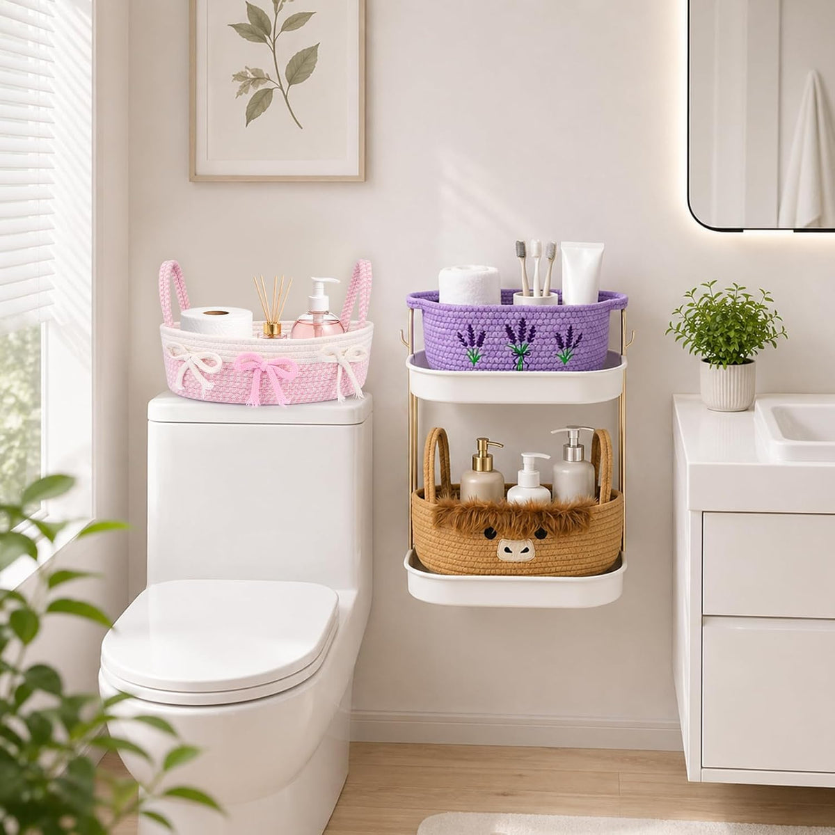Toilet Bow Paper Basket–Woven Rope Pink Bow Decorative Bathroom Decor