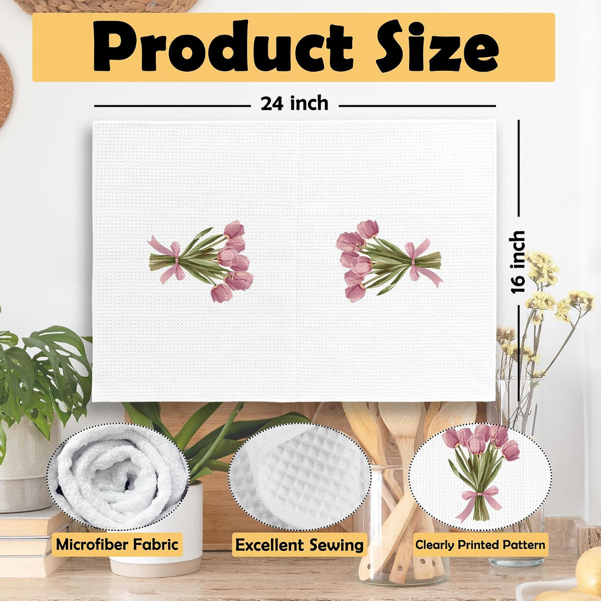 Pink Bows Tulips Bouquet Kitchen Towels Set of 2, Coquette Pink Tulip Girly Aesthetic Hand Towel for Kitchen Bathroom, Spring Floral Botanical Decorative Tea Dish Towels 16x24 Inch