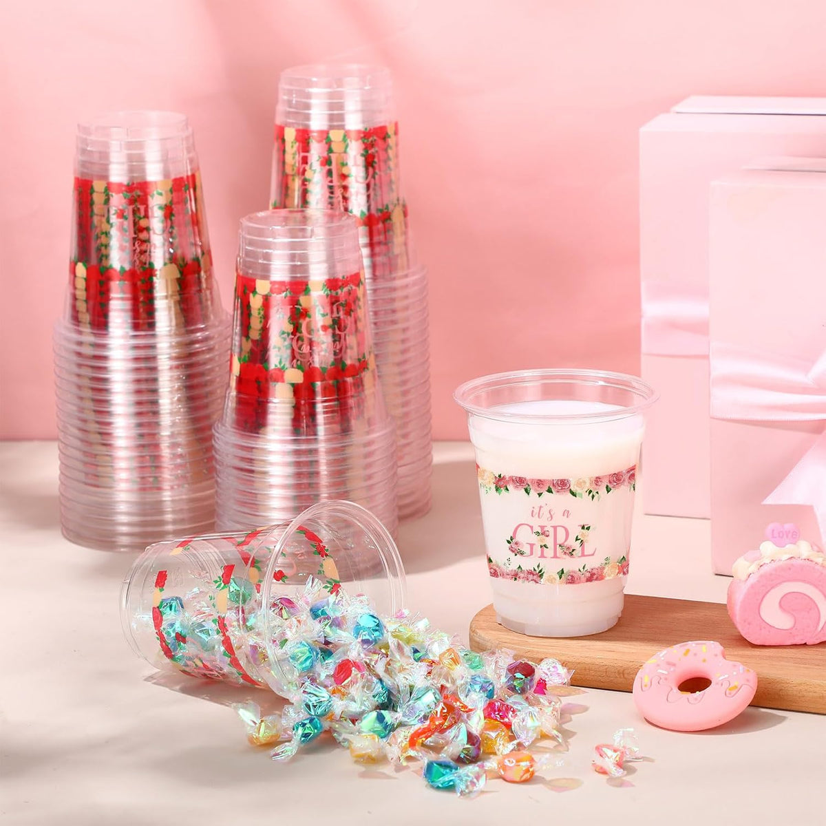 60 Pack Floral Baby Shower Cups 12 oz It's a Girl Pink Floral Disposable Clear Plastic Drinking Cups for Baby Shower Gender Reveal Birthday Party Decorations Supplies