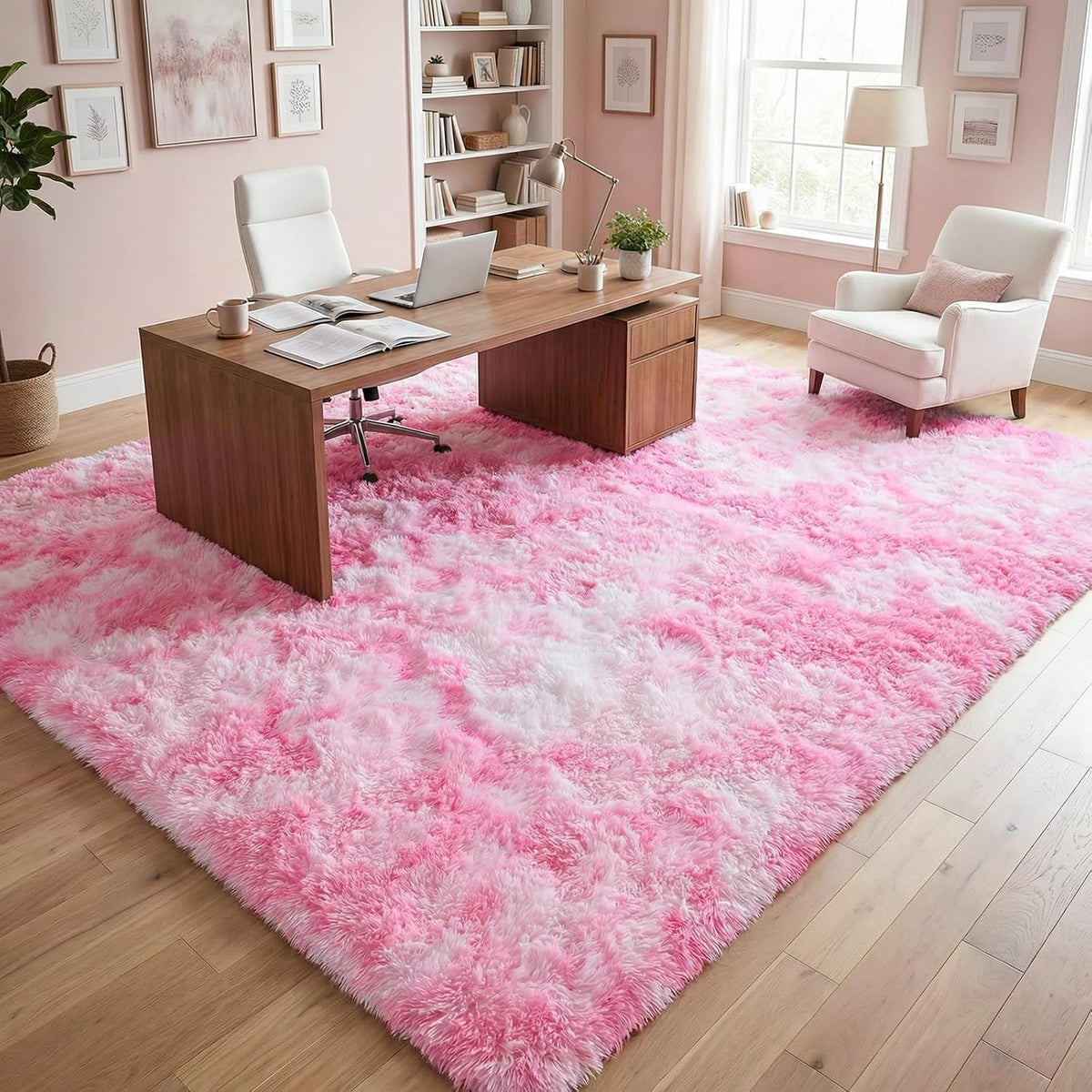 DweIke Fluffy Pink White Rugs for Bedroom Living Room, 4x6 Feet Soft Plush Shaggy Tie-Dyed Pink Girls Boys Kids Rug, Non-Slip and Machine Washable Carpet for Dorm Nursery Classroom Decor