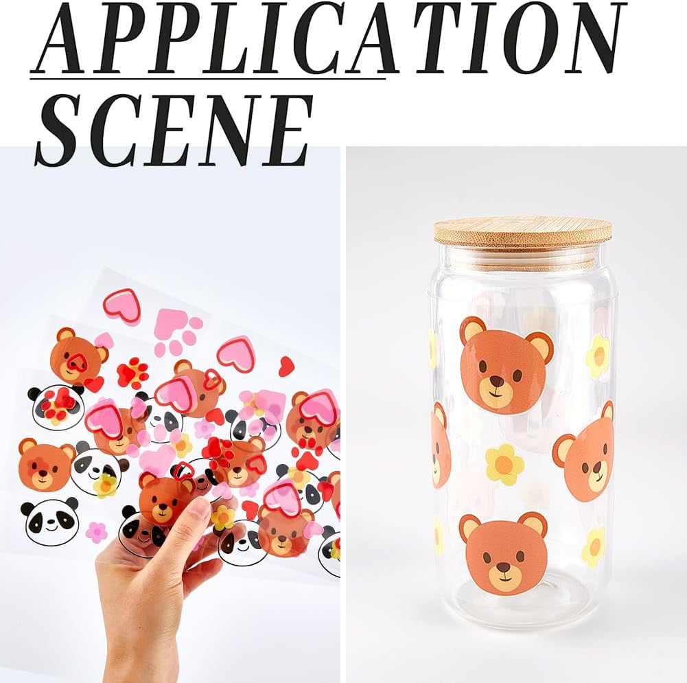 8Pcs 8 Styles Cup Wraps Transfer Sticker Glass Cups Decals Bulk Transparent Plastic Lemon Peach Bear Panda Hearts Honey Comb Waterproof Stickers Wrap for Tumblers Wood Decoration DIY Crafts