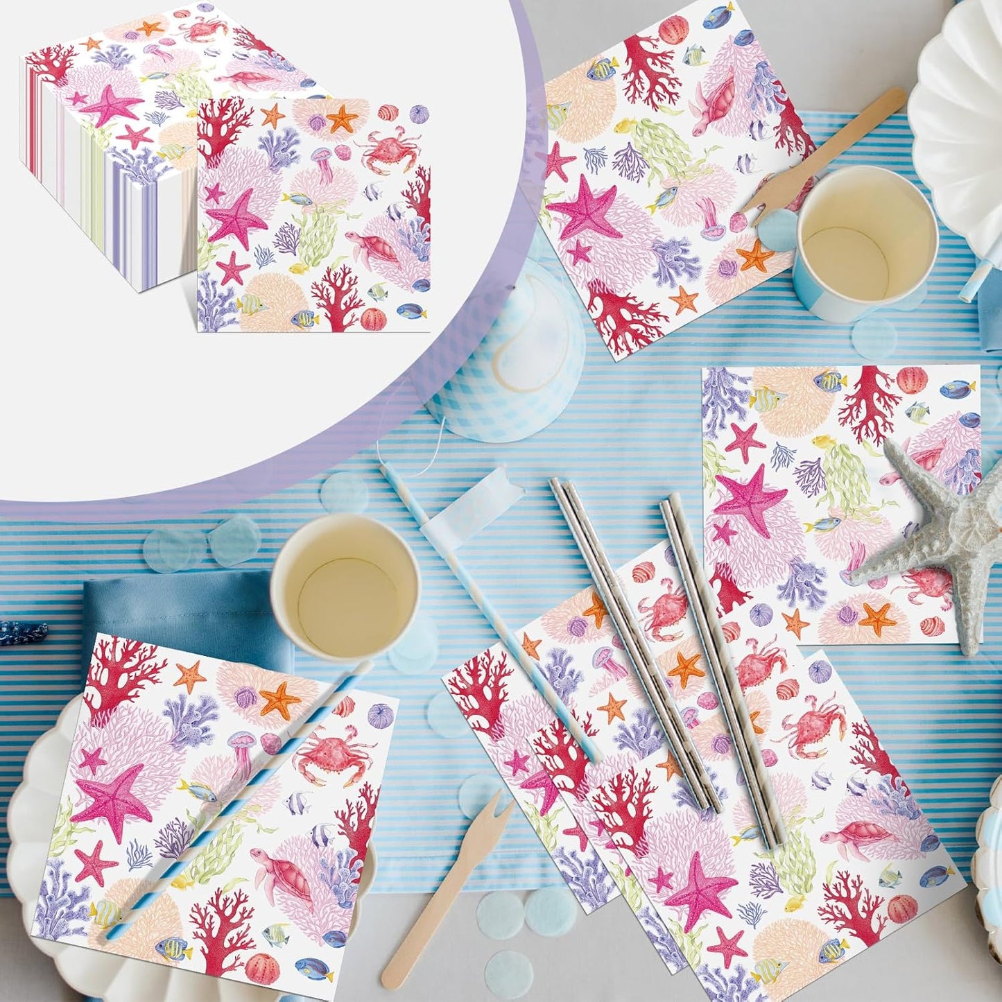 Crtiin 100 Pcs Decoupage Napkins Nautical Cocktail Napkins Disposable Coastal Beverage Paper Decorative Beach Hand Towels for Summer Wedding Luncheon Dinner Party (Pink Coastal)