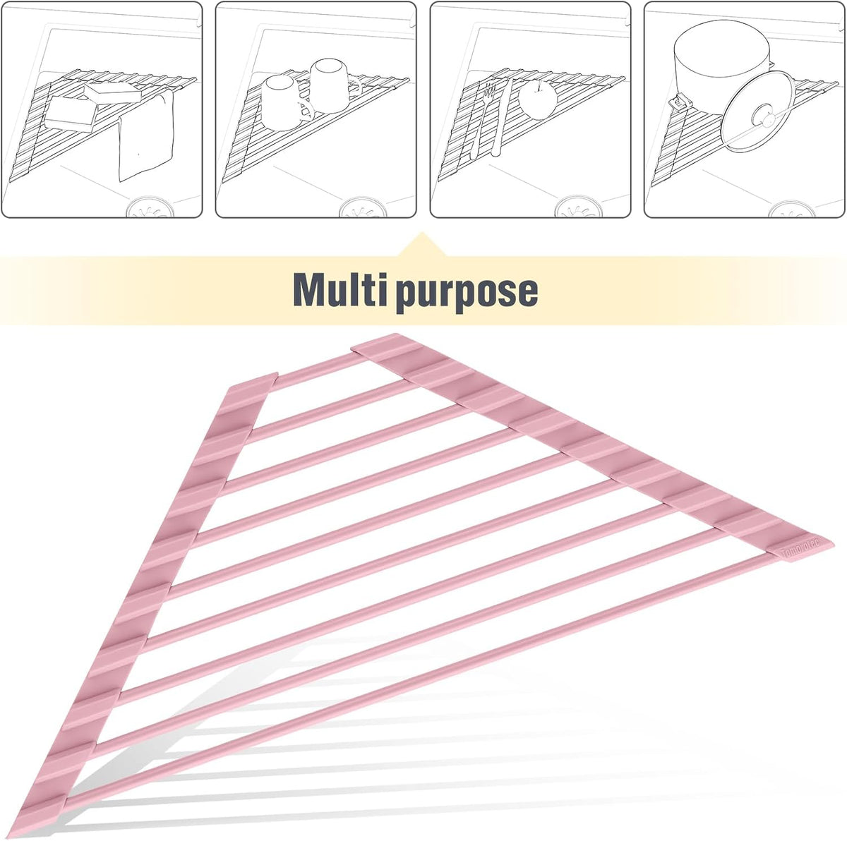 Triangle Roll Up Dish Drying Rack with Silicone Coating, Pink