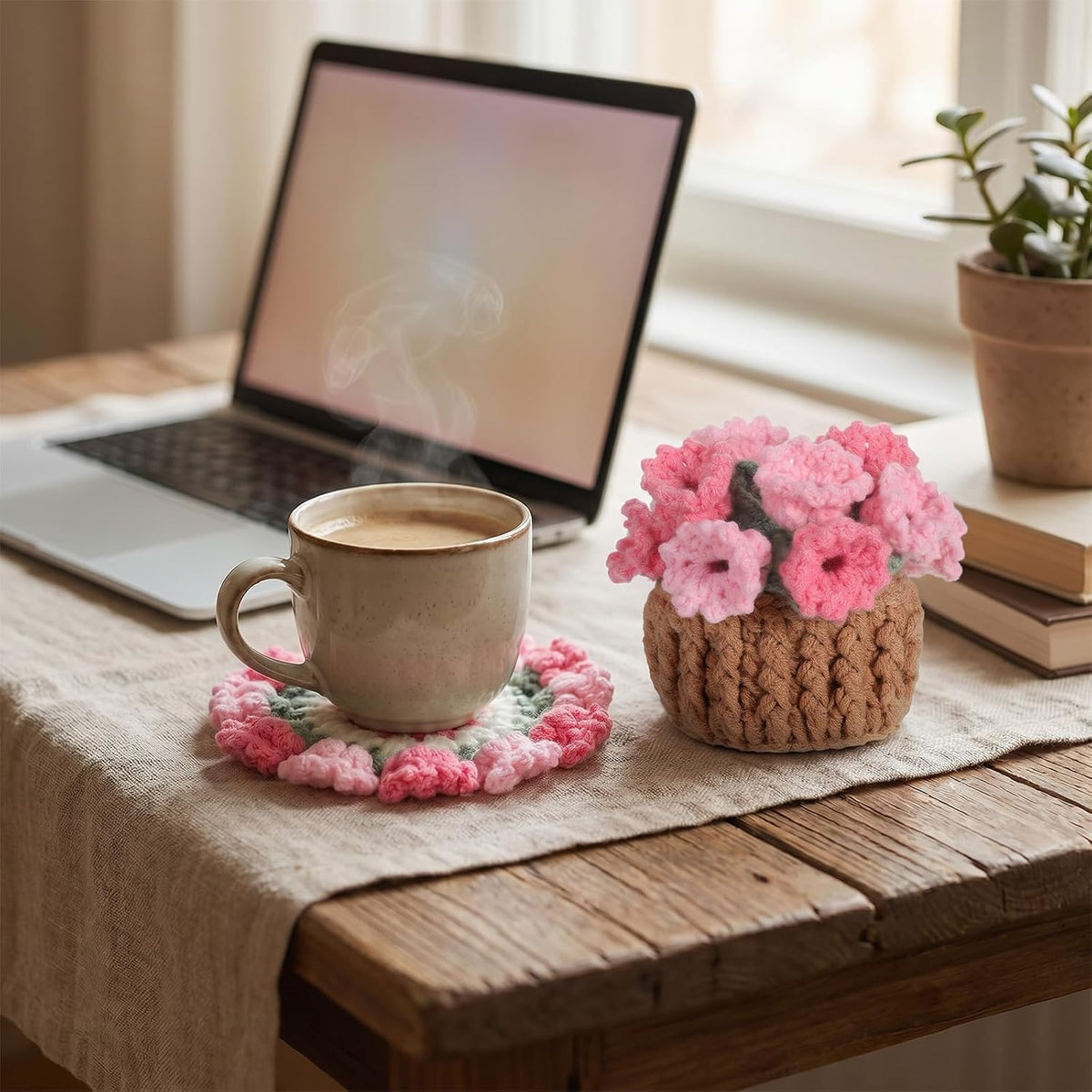 Crochet Coaster Set Handmade Pink Flower, Bouquet Blanket Coasters