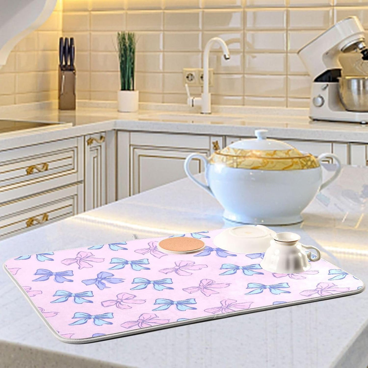 Bow Light Dish Drying Mat Pink Blue Printed Dry Dishes Pads Mats,Absorbent Countertops Tableware Protector for Kitchen Counter Coffee Bar