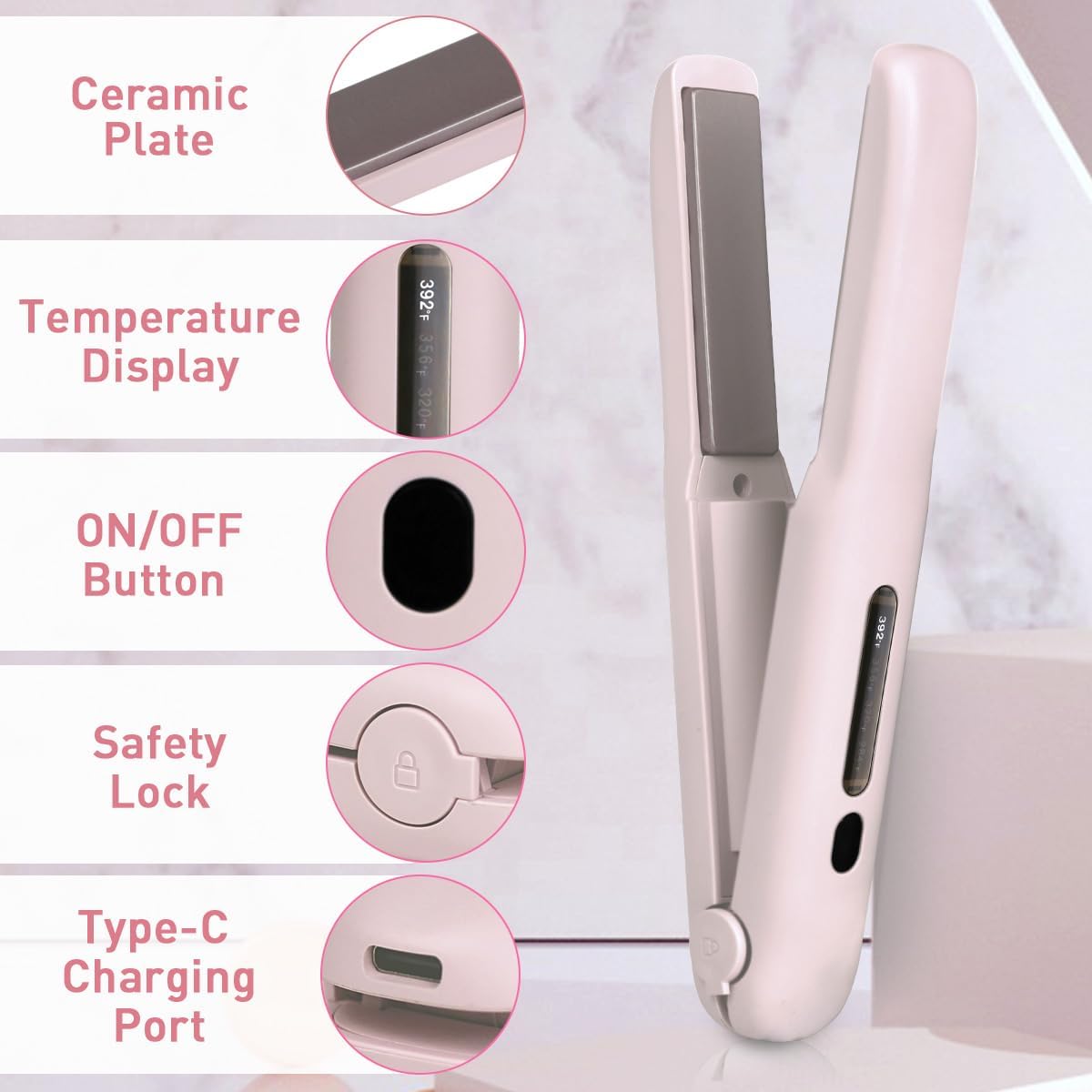 Cordless Hair Straightener, Travel Flat Iron Rechargable for Women, Portable Mini Hair Straightener and Curler 2-in-1, Fast Heating, Adjustable Temp for Car,Travel, On-the-Go Styling(Pink)